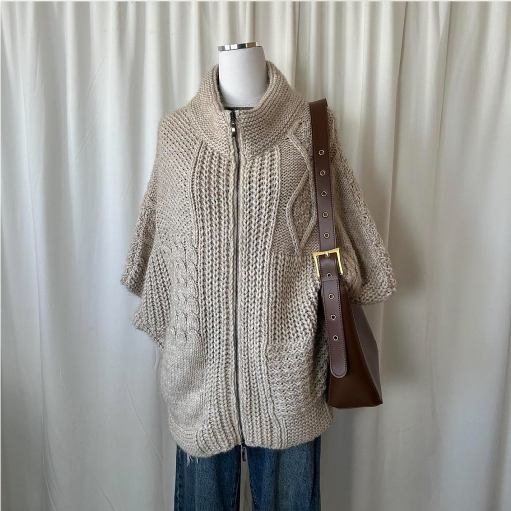 Elsamanda Zip-up poncho sweater chunky knit wool blend Cream One Size - Picture 3 of 8